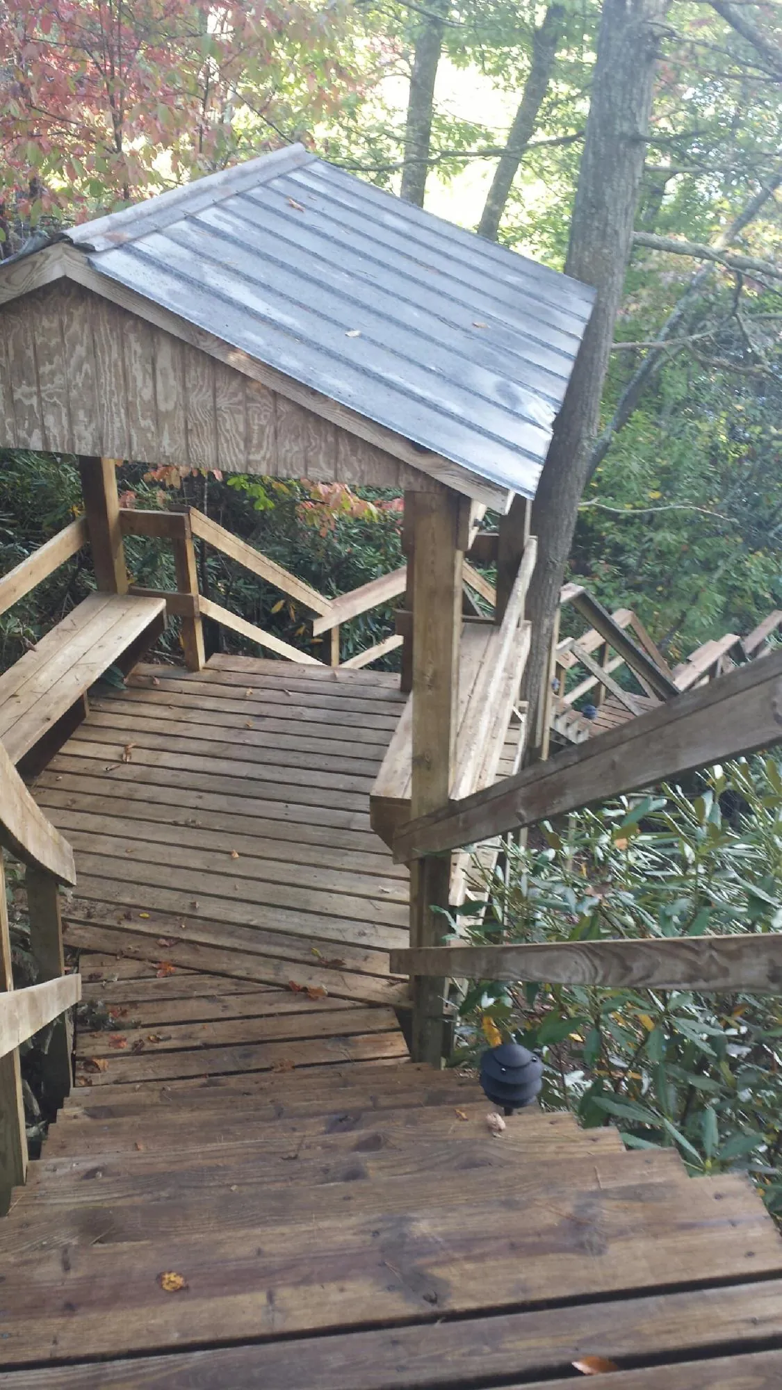 Metal roofed shelter over wooden steps on a wooded walkway — Skylight Repair & Installation work by our crew in Henry